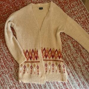 Wonderly Cream Open-Front Cardigan with Rust and Gold Geometric Trim